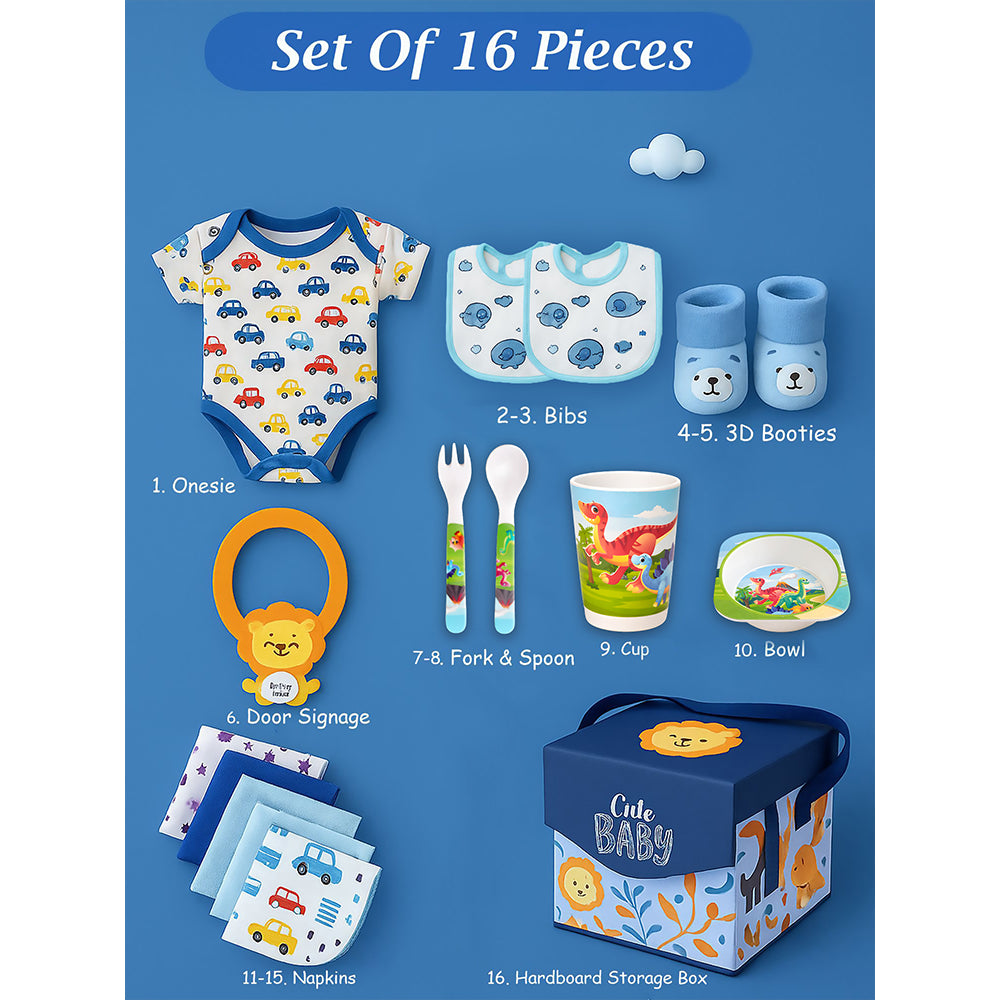 16pcs Blue King Lion Newborn Hamper/Gift Box for Baby Boy, 0-6 months - Little Surprise Box