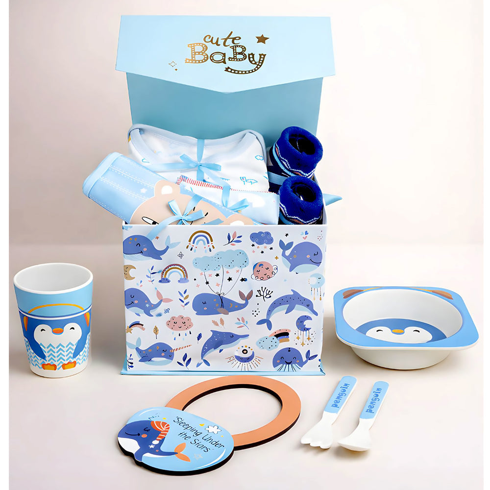 16 pcs Blue Whale Newborn Hamper/Gift Box for Baby, 0-6 months - Little Surprise Box