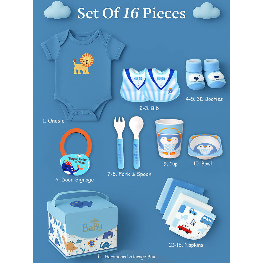 16 pcs Blue Whale Newborn Hamper/Gift Box for Baby, 0-6 months - Little Surprise Box