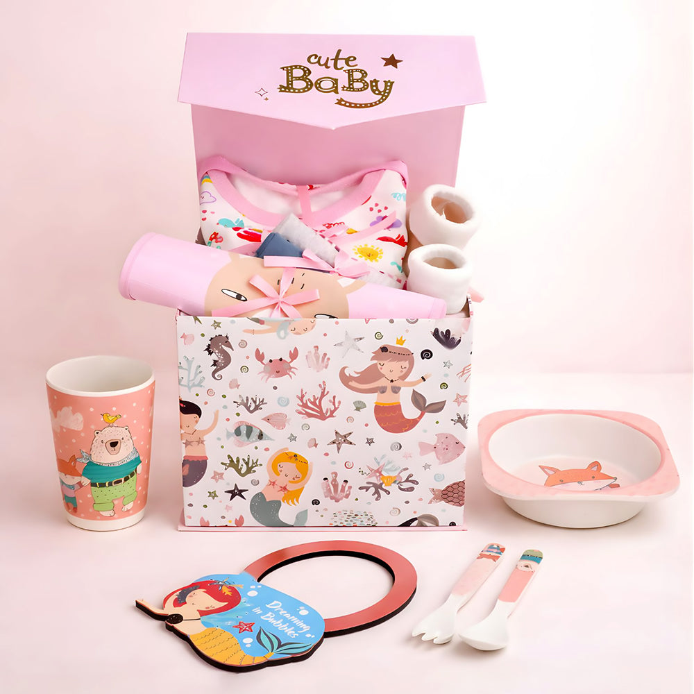 16pcs Pink Mermaid Newborn Hamper/Gift Box for Baby Girl, 0-6 months - Little Surprise Box