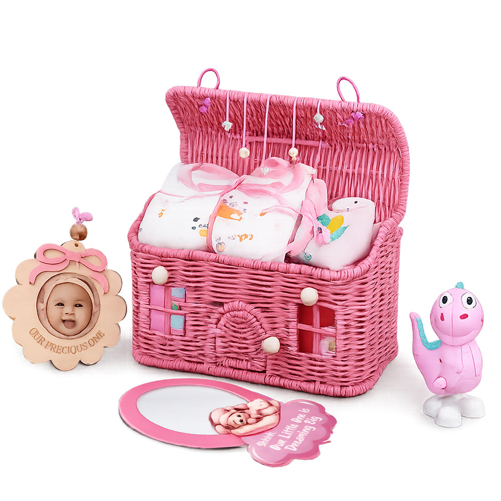 19 pcs, Pink Teddy Home cane basket themed Newborn Baby Girl, All Season wear,Gift Hamper set, 0-6 months - Little Surprise