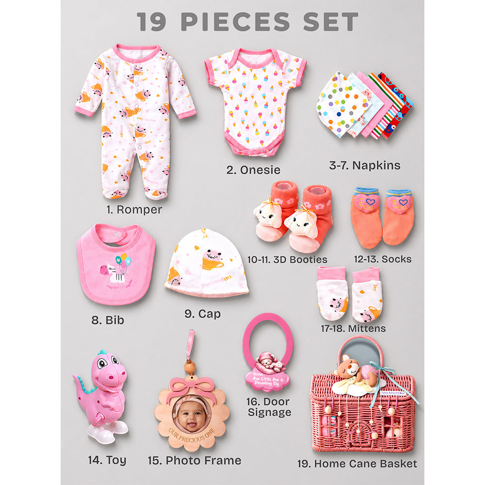 19 pcs, Pink Teddy Home cane basket themed Newborn Baby Girl, All Season wear,Gift Hamper set, 0-6 months - Little Surprise