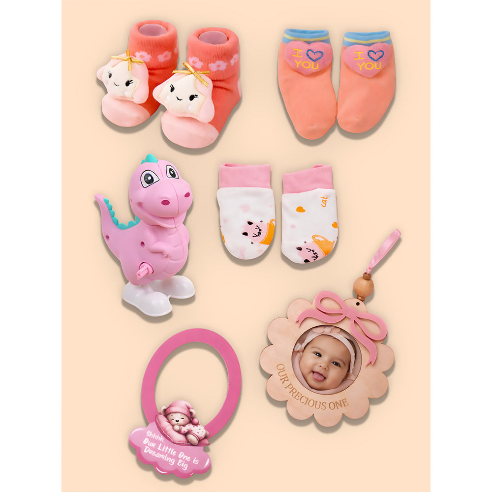19 pcs, Pink Teddy Home cane basket themed Newborn Baby Girl, All Season wear,Gift Hamper set, 0-6 months - Little Surprise
