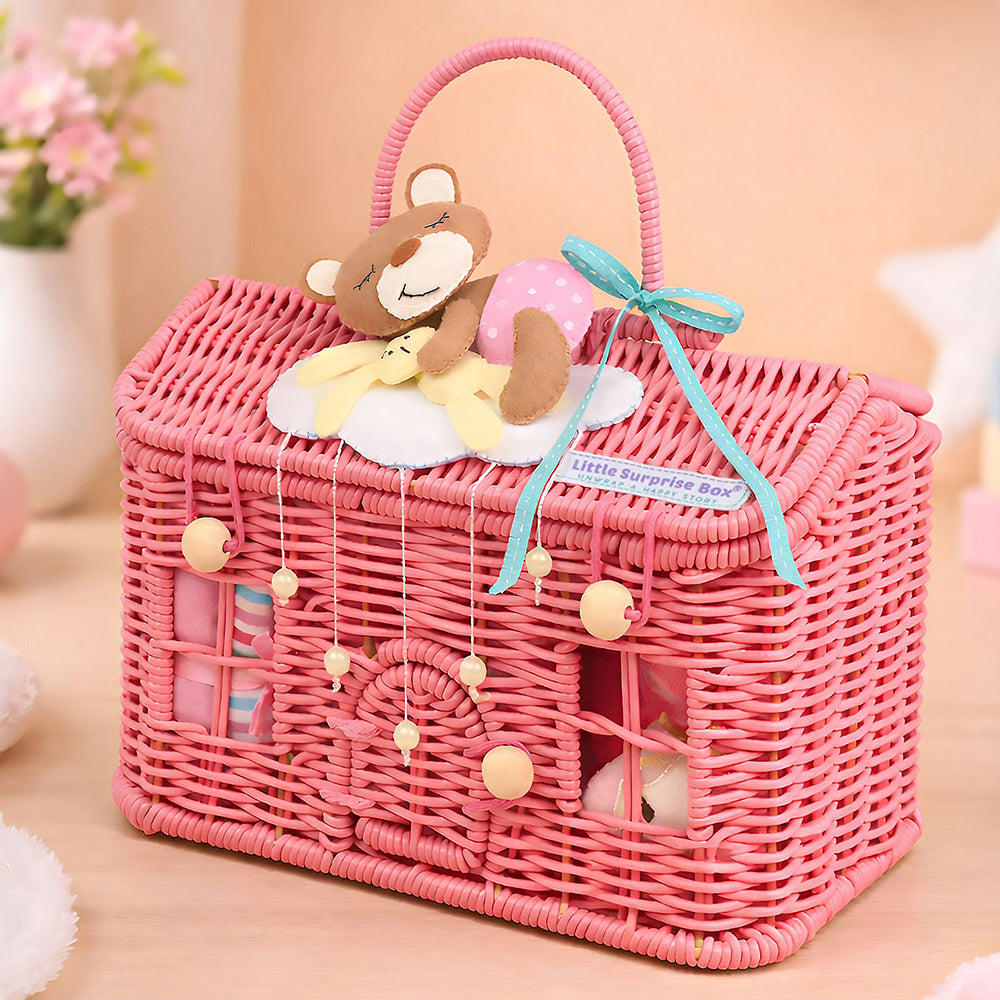 19 pcs, Pink Teddy Home cane basket themed Newborn Baby Girl, All Season wear,Gift Hamper set, 0-6 months - Little Surprise