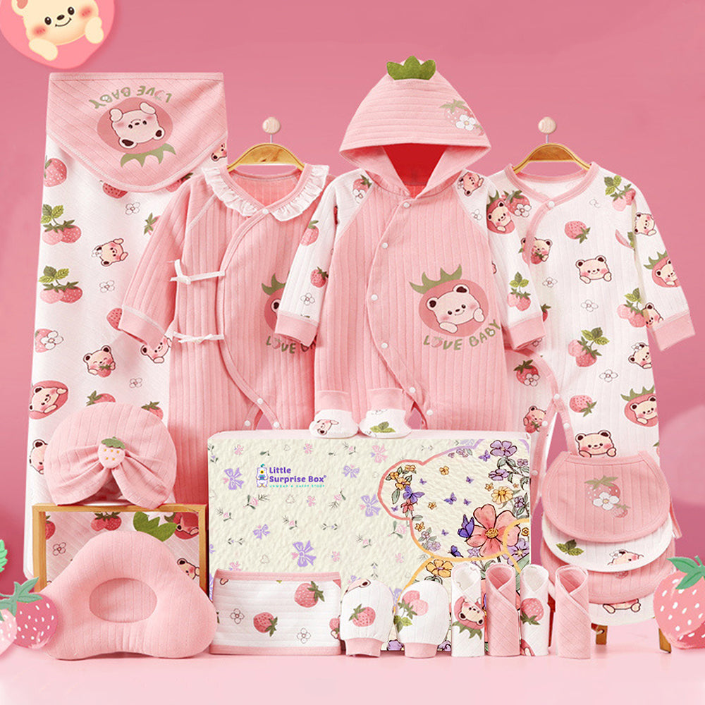 20 pcs Pinkberry Ted Newborn Baby Girl Gift Box, All Season Wear Hamper, (0-12 months) - Little Surprise Box