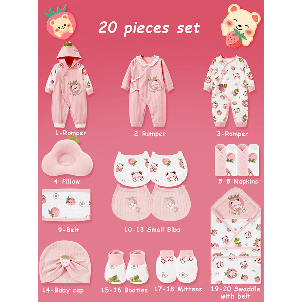 20 pcs Pinkberry Ted Newborn Baby Girl Gift Box, All Season Wear Hamper, (0-12 months) - Little Surprise Box