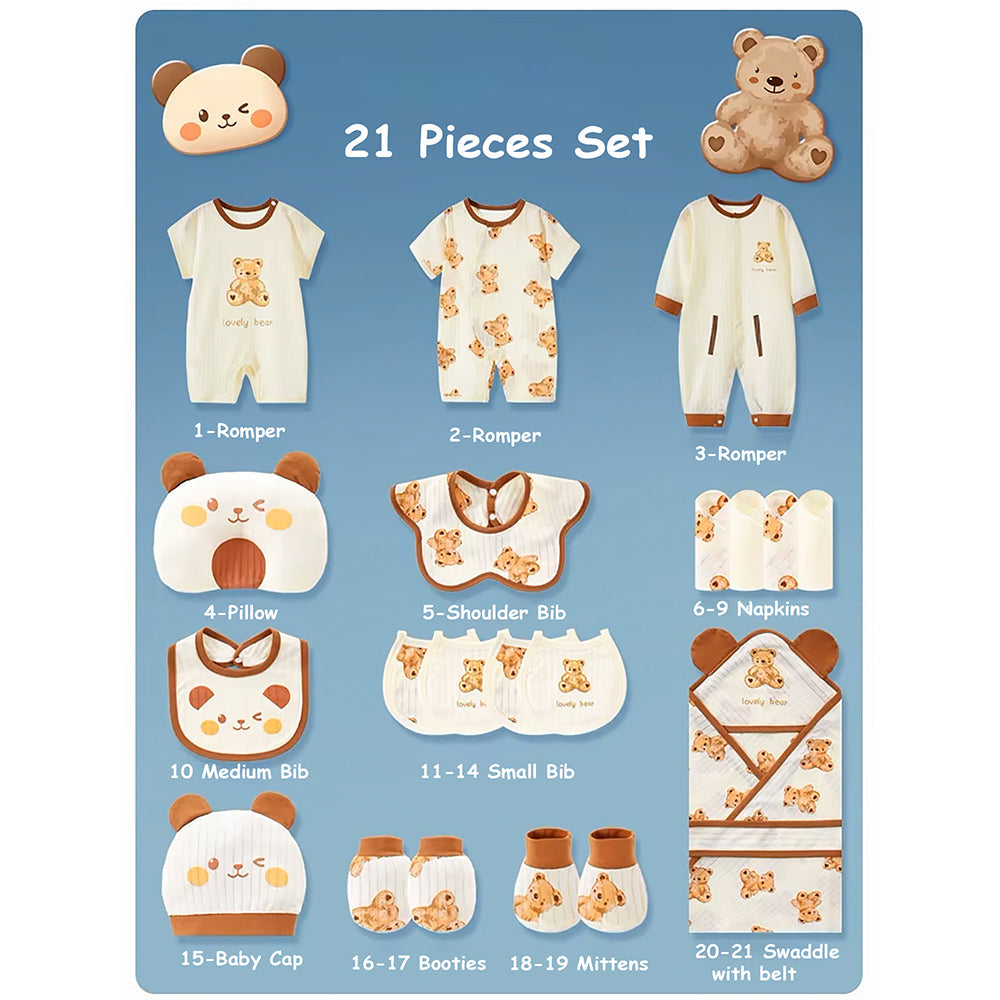 21 pcs Brown Cream Lovely Bear Newborn Baby Girl/ Boy Gift Box, all season wear Hamper, (0 - 12 months) - Little Surprise Box