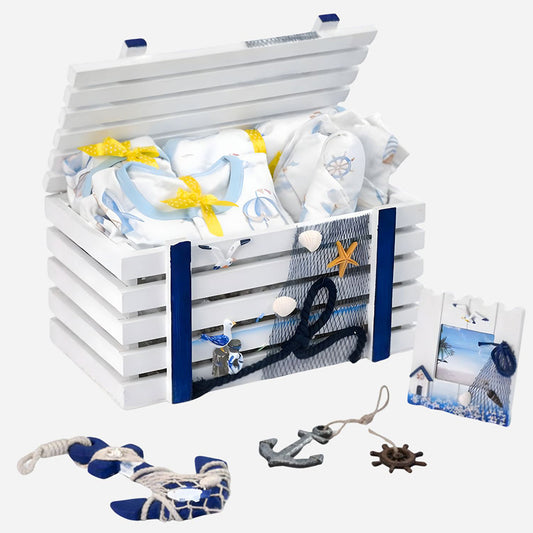 21 pcs Nautical Wooden Treasure Chest Gift hamper for a newborn baby, Giftset for a baby, 0-12 months - Little Surprise Box