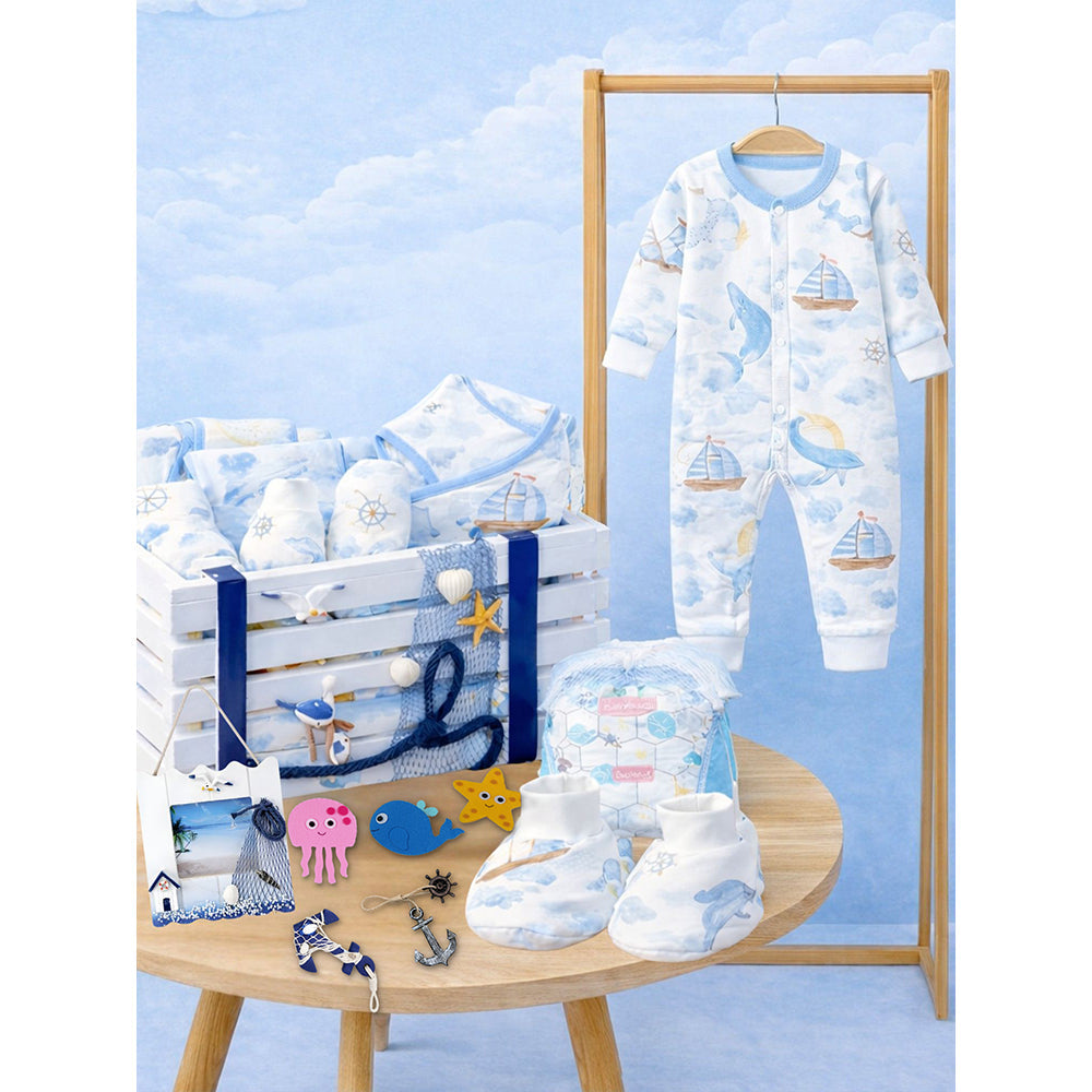 21 pcs Nautical Wooden Treasure Chest Gift hamper for a newborn baby, Giftset for a baby, 0-12 months - Little Surprise Box