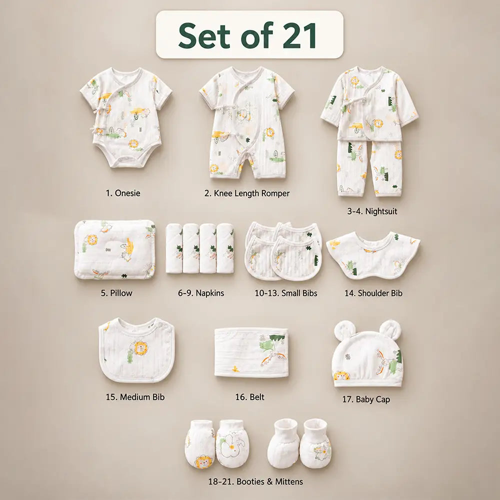 21 pcs White Safari Animals Newborn Baby Girl/Boy Gift Box – All-Season Gift Hamper(0–6 Months)