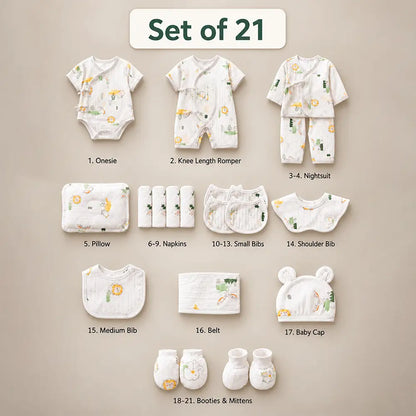 21 pcs White Safari Animals Newborn Baby Girl/Boy Gift Box – All-Season Gift Hamper(0–6 Months)