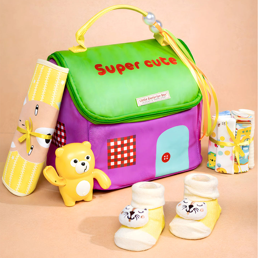 22pcs Super cute Green & Purple Neutral Gender Home Newborn Hamper/Gift Box for Baby, 0-6 months - Little Surprise Box