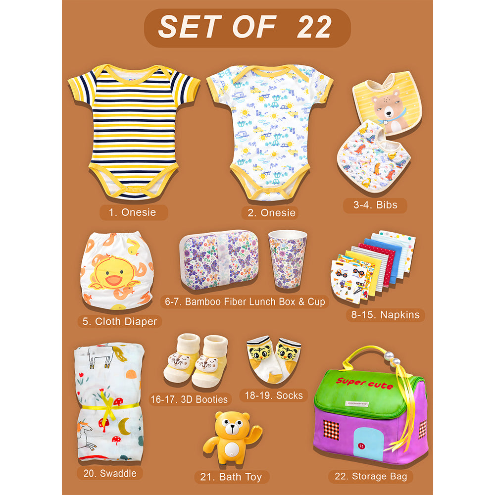 22pcs Super cute Green & Purple Neutral Gender Home Newborn Hamper/Gift Box for Baby, 0-6 months - Little Surprise Box