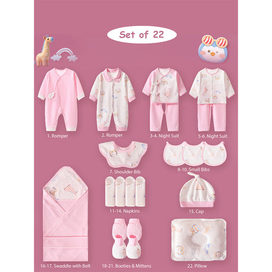 22pcs Pink Penguin Newborn Baby Girl/ Boy Gift Box, all season wear Gift Hamper, (0 - 12 months) - Little Surprise Box