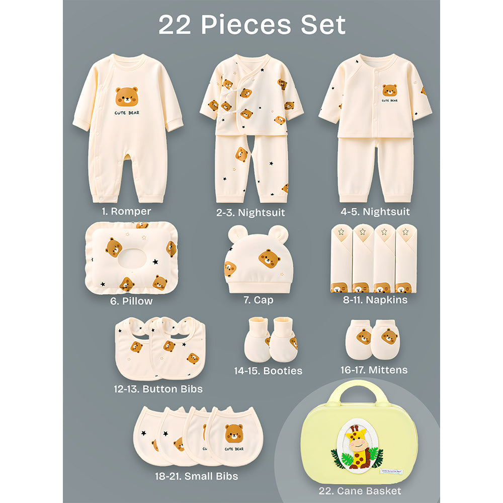 22 pcs small Bear Hamper for Newborn Baby Boy/ Baby Girl, All season wear hamper with Giraffe travel Suitcase, 0-12 months