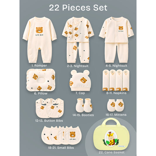 22 pcs small Bear Hamper for Newborn Baby Boy/ Baby Girl, All season wear hamper with Giraffe travel Suitcase, 0-12 months