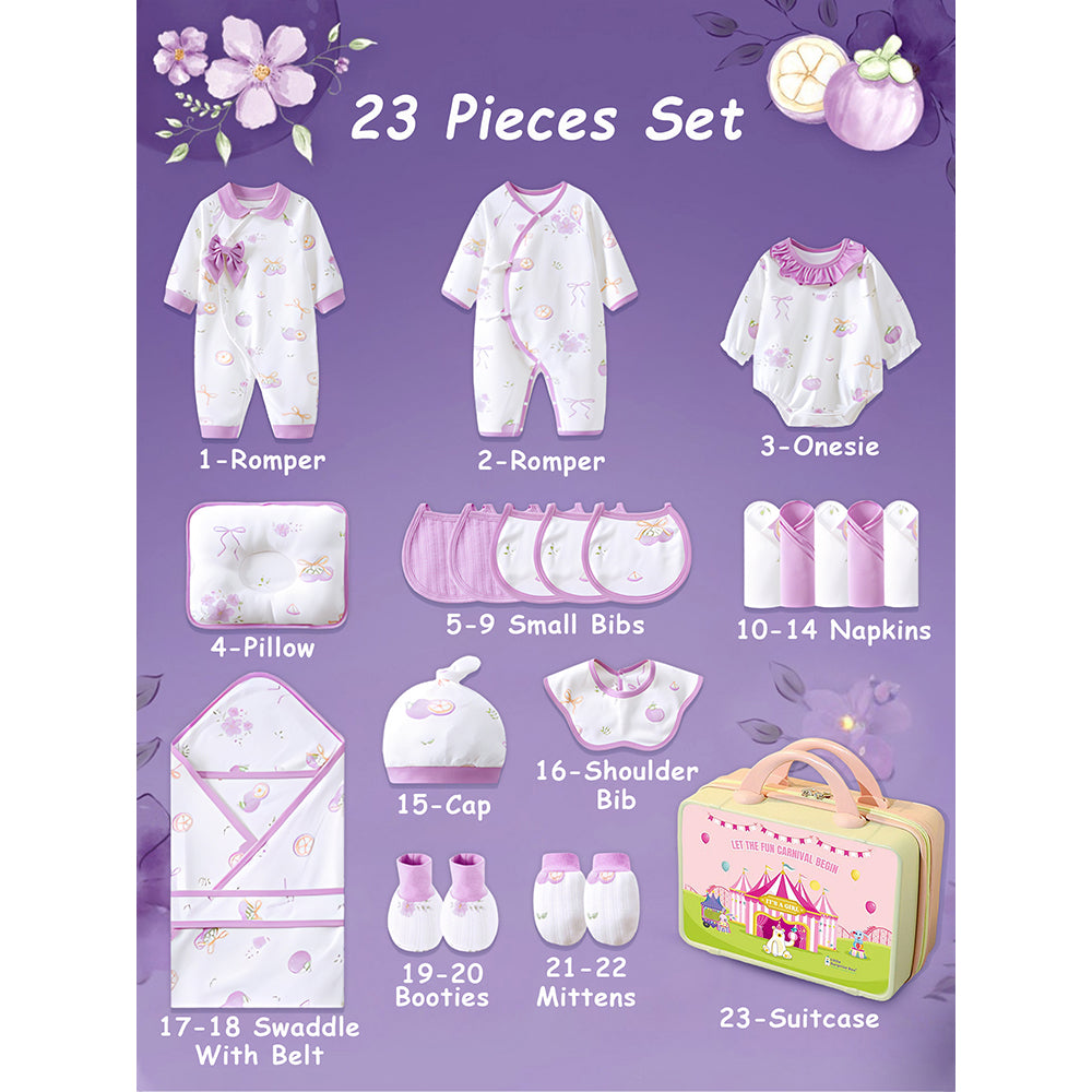 23pcs Purple Bow Newborn Baby Girl Gift Box, All Season Wear Hamper with Suitcase, (0-12 months) - Little Surprise Box