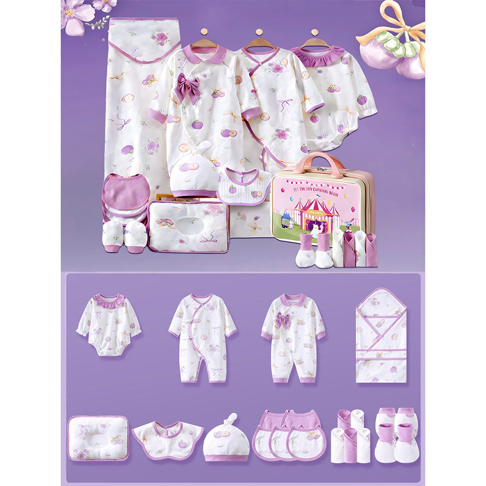 23pcs Purple Bow Newborn Baby Girl Gift Box, All Season Wear Hamper with Suitcase, (0-12 months) - Little Surprise Box