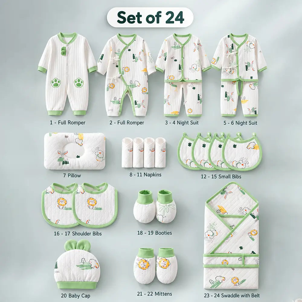 24 pcs Green Safari Animals Newborn Baby Girl/Boy Gift Box – All-Season Gift Hamper(0–6 Months)