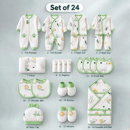 24 pcs Green Safari Animals Newborn Baby Girl/Boy Gift Box – All-Season Gift Hamper(0–6 Months)