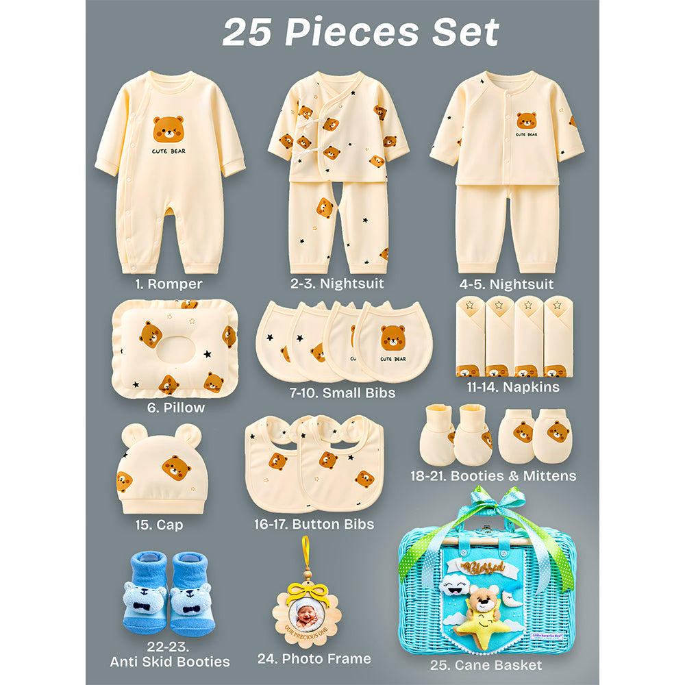 25 pcs Beige Bear Hamper for Newborn Boy/Girl, All Season wear hamper with luxury designed blue storage cane basket 0-12