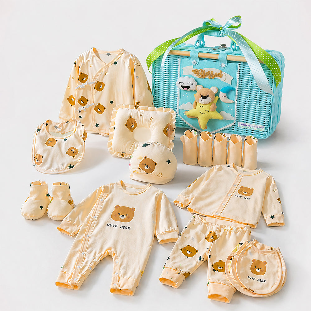 25 pcs Beige Bear Hamper for Newborn Boy/Girl, All Season wear hamper with luxury designed blue storage cane basket 0-12