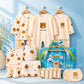 25 pcs Beige Bear Hamper for Newborn Boy/Girl, All Season wear hamper with luxury designed blue storage cane basket 0-12