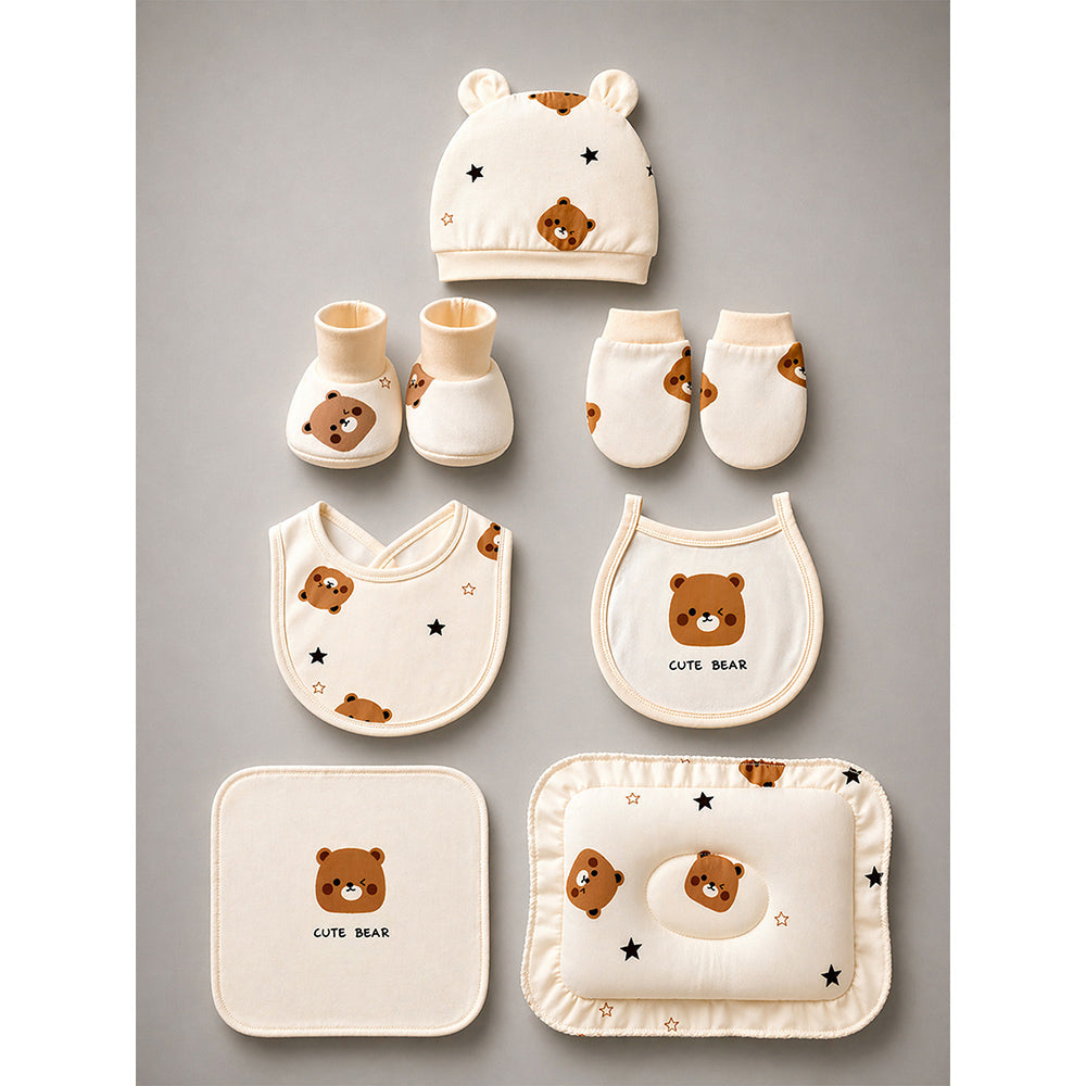 25 pcs Beige Bear Hamper for Newborn Boy/Girl, All Season wear hamper with luxury designed blue storage cane basket 0-12