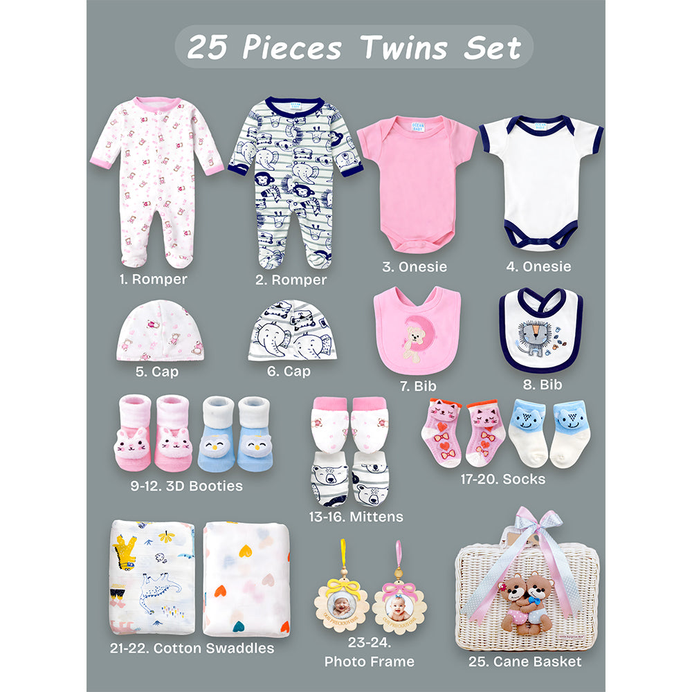 25 pcs, Twin Boy & Girl White cane basket themed Newborn Baby Boy, All Season wear,Gift Hamper set, 0-6 months - Little