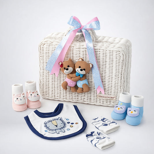 25 pcs, Twin Boy & Girl White cane basket themed Newborn Baby Boy, All Season wear,Gift Hamper set, 0-6 months - Little