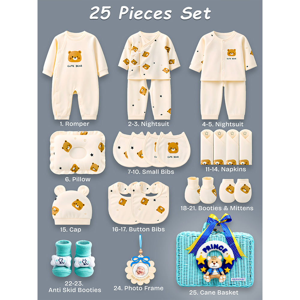 25 pcs Prince Hamper for Newborn Boy, All Season wear hamper with luxury designed blue storage cane basket 0-12 months -