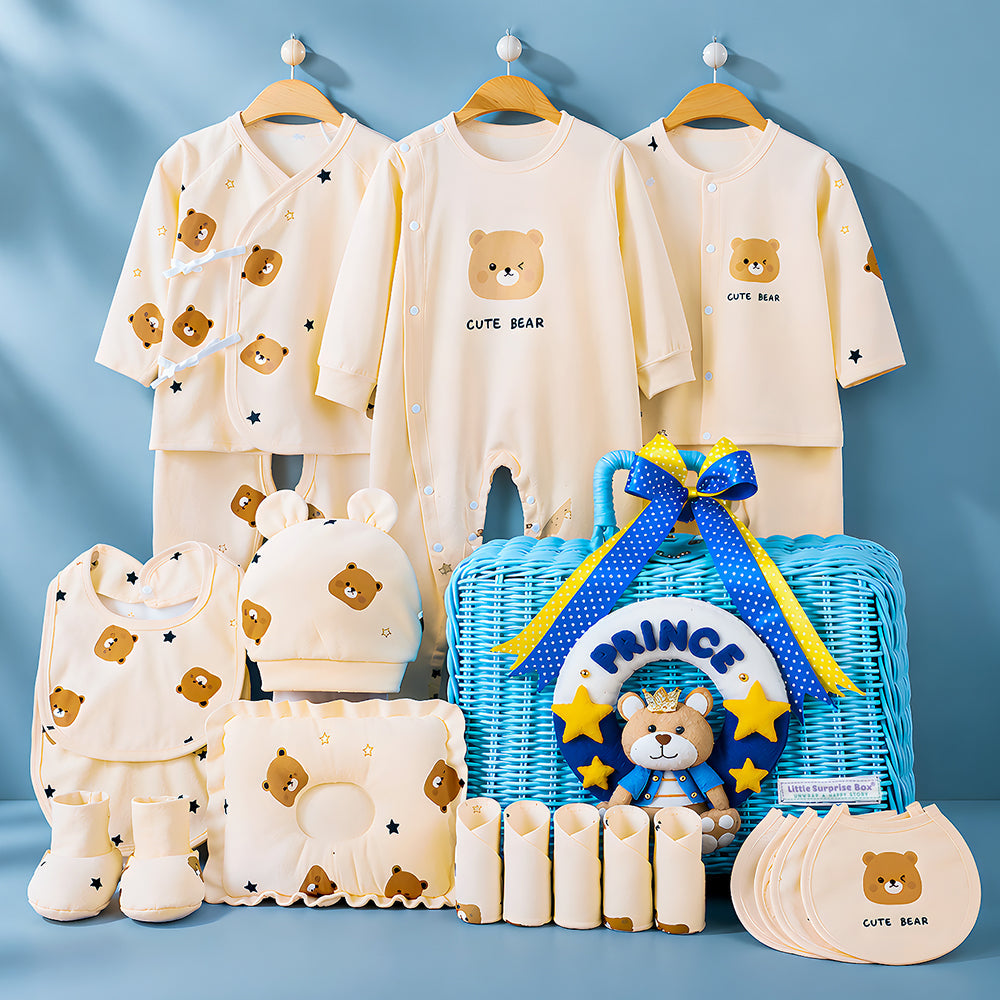 25 pcs Prince Hamper for Newborn Boy, All Season wear hamper with luxury designed blue storage cane basket 0-12 months -