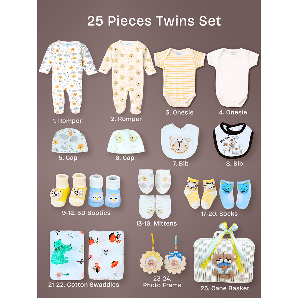 25 pcs, Twin Boys White cane basket themed Newborn Baby Boy, All Season wear,Gift Hamper set, 0-6 months - Little Surprise