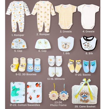 25 pcs, Twin Boys White cane basket themed Newborn Baby Boy, All Season wear,Gift Hamper set, 0-6 months - Little Surprise