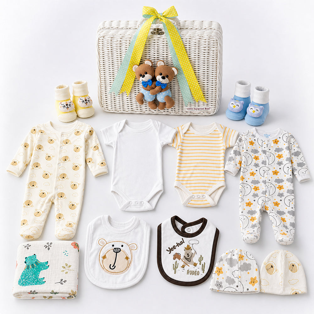 25 pcs, Twin Boys White cane basket themed Newborn Baby Boy, All Season wear,Gift Hamper set, 0-6 months - Little Surprise