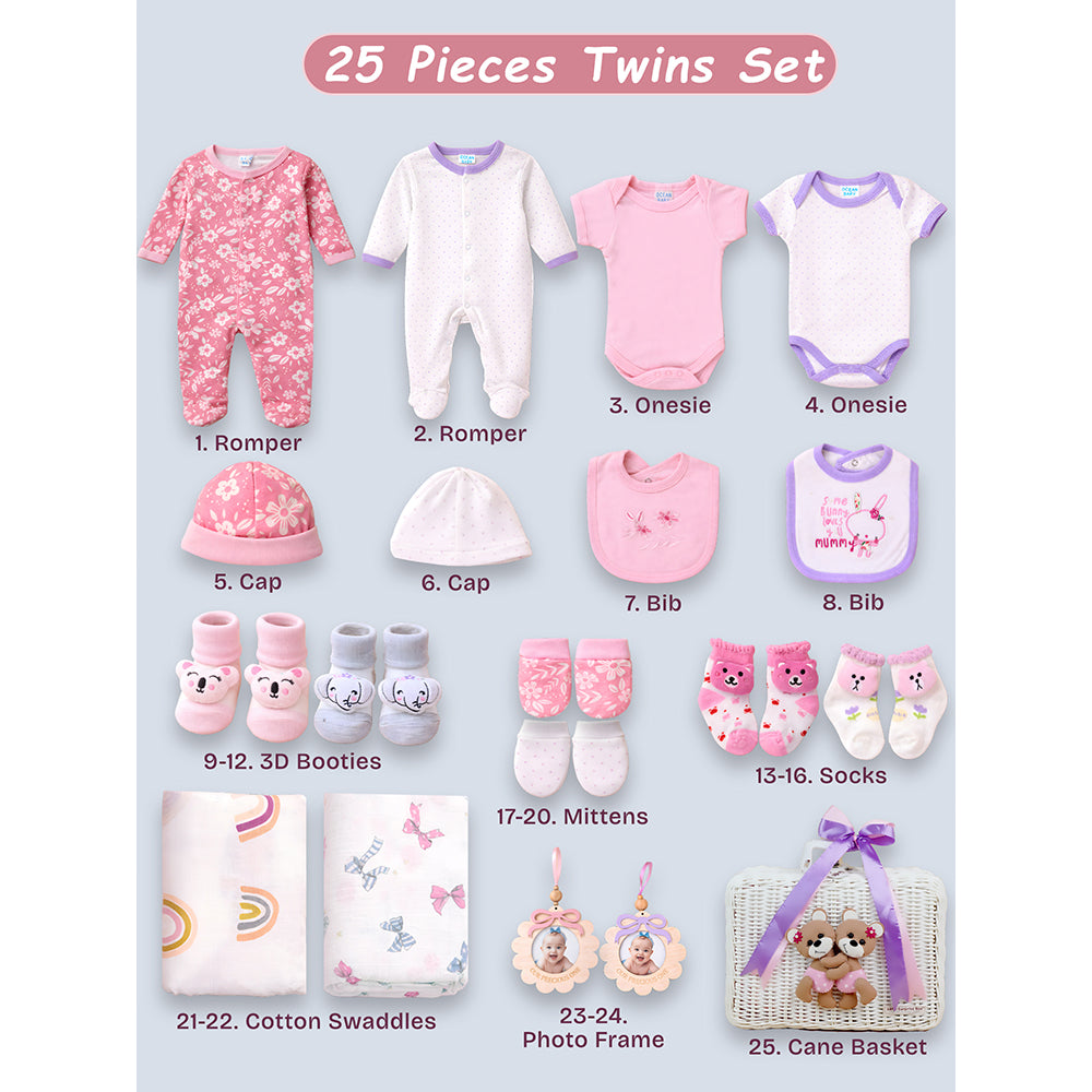 25 pcs, Twin Girls White cane basket themed Newborn Baby Boy, All Season wear,Gift Hamper set, 0-6 months - Little Surprise