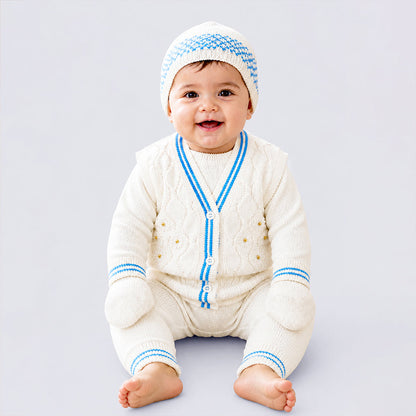 6-Piece Flower Blue & Ivory Premium Knitted Winter Head-to-Toe Clothing Set for Baby