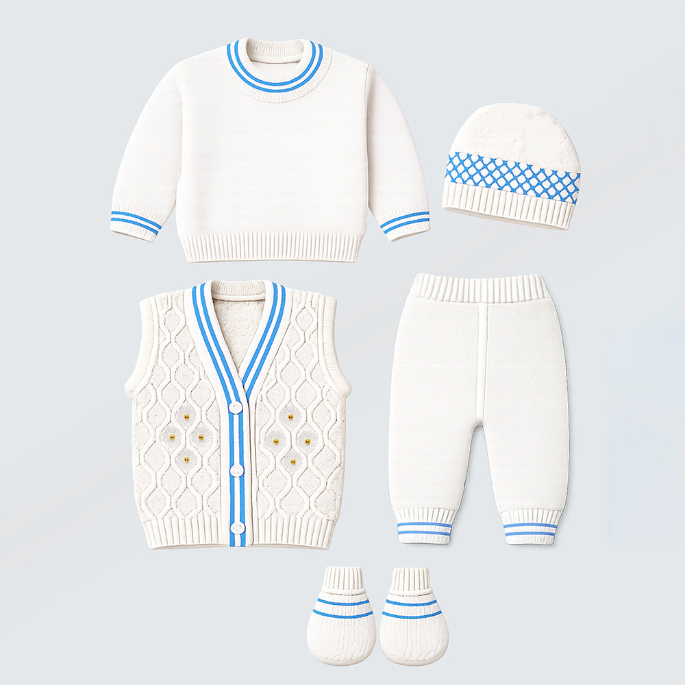 6-Piece Flower Blue & Ivory Premium Knitted Winter Head-to-Toe Clothing Set for Baby