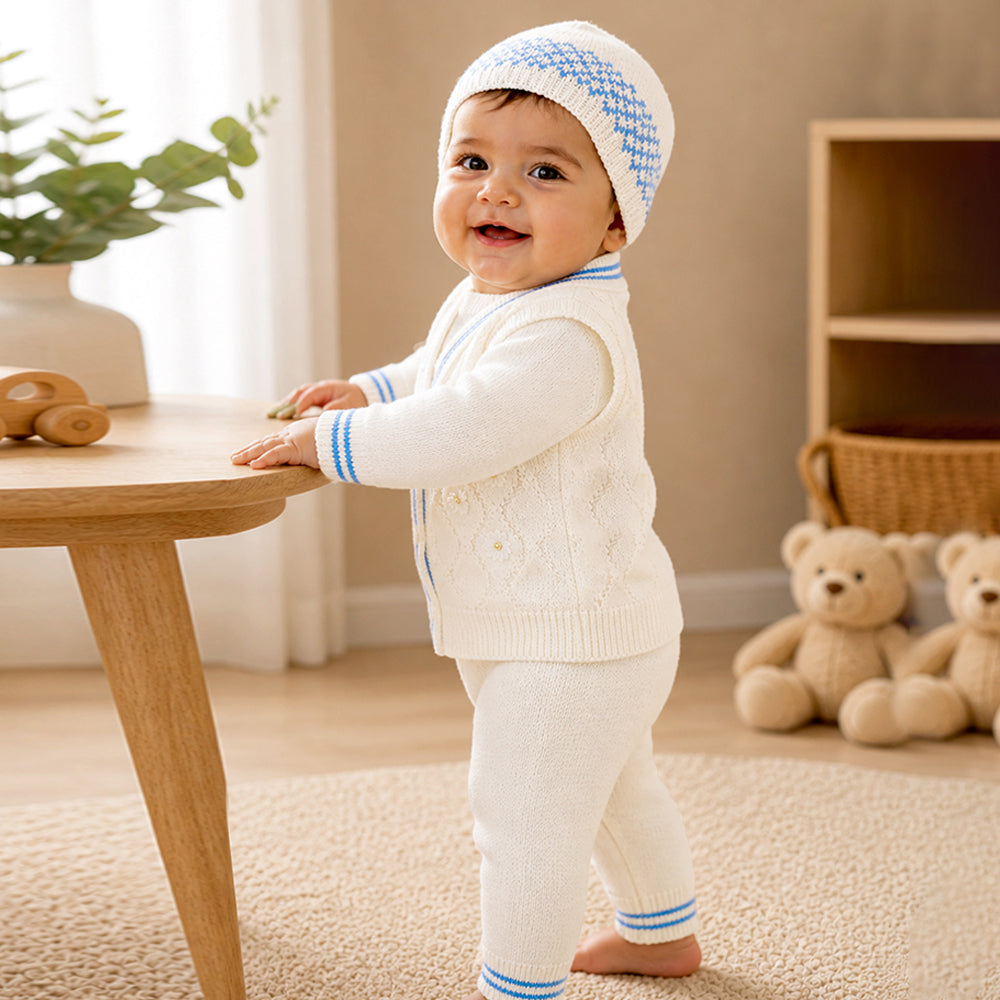6-Piece Flower Blue & Ivory Premium Knitted Winter Head-to-Toe Clothing Set for Baby