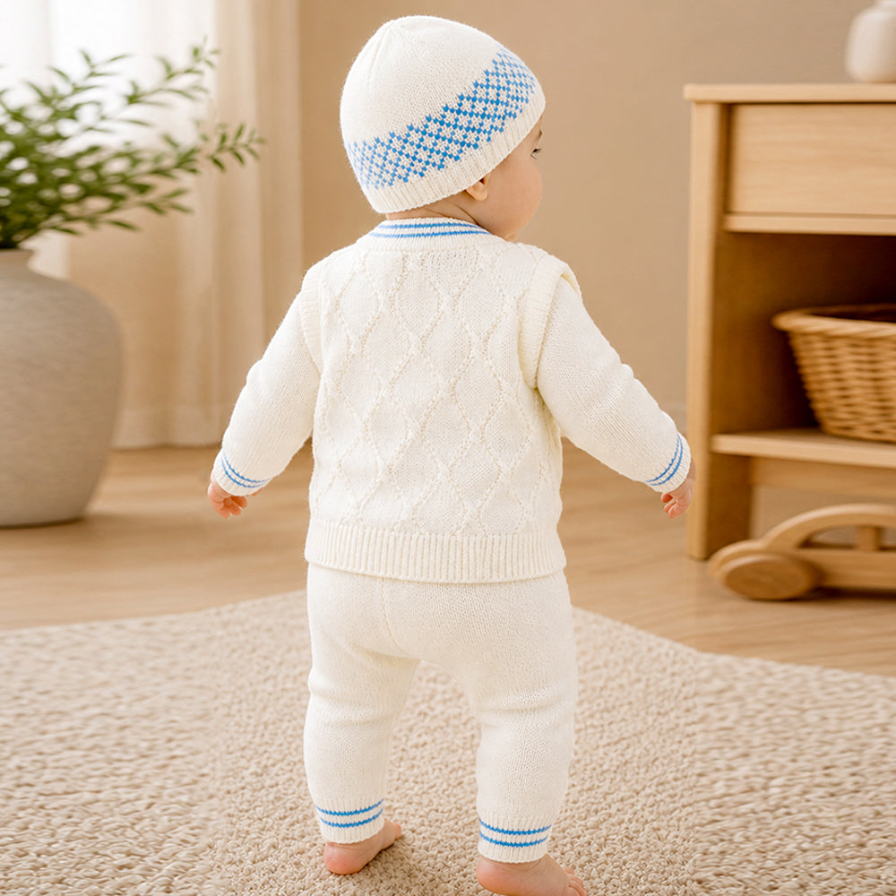 6-Piece Flower Blue & Ivory Premium Knitted Winter Head-to-Toe Clothing Set for Baby