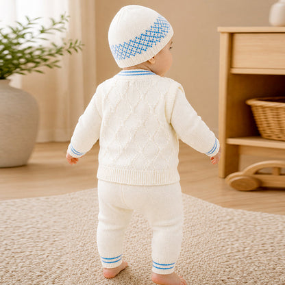 6-Piece Flower Blue & Ivory Premium Knitted Winter Head-to-Toe Clothing Set for Baby