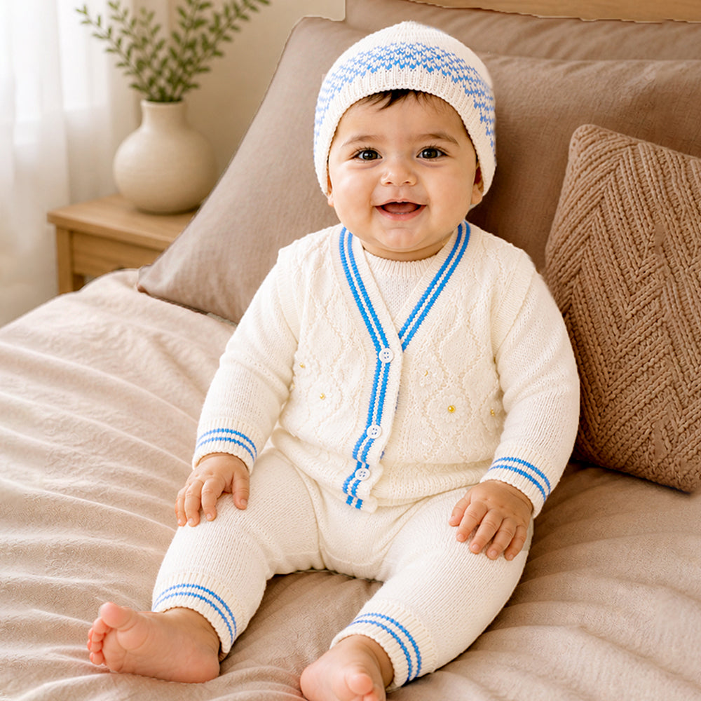 6-Piece Flower Blue & Ivory Premium Knitted Winter Head-to-Toe Clothing Set for Baby