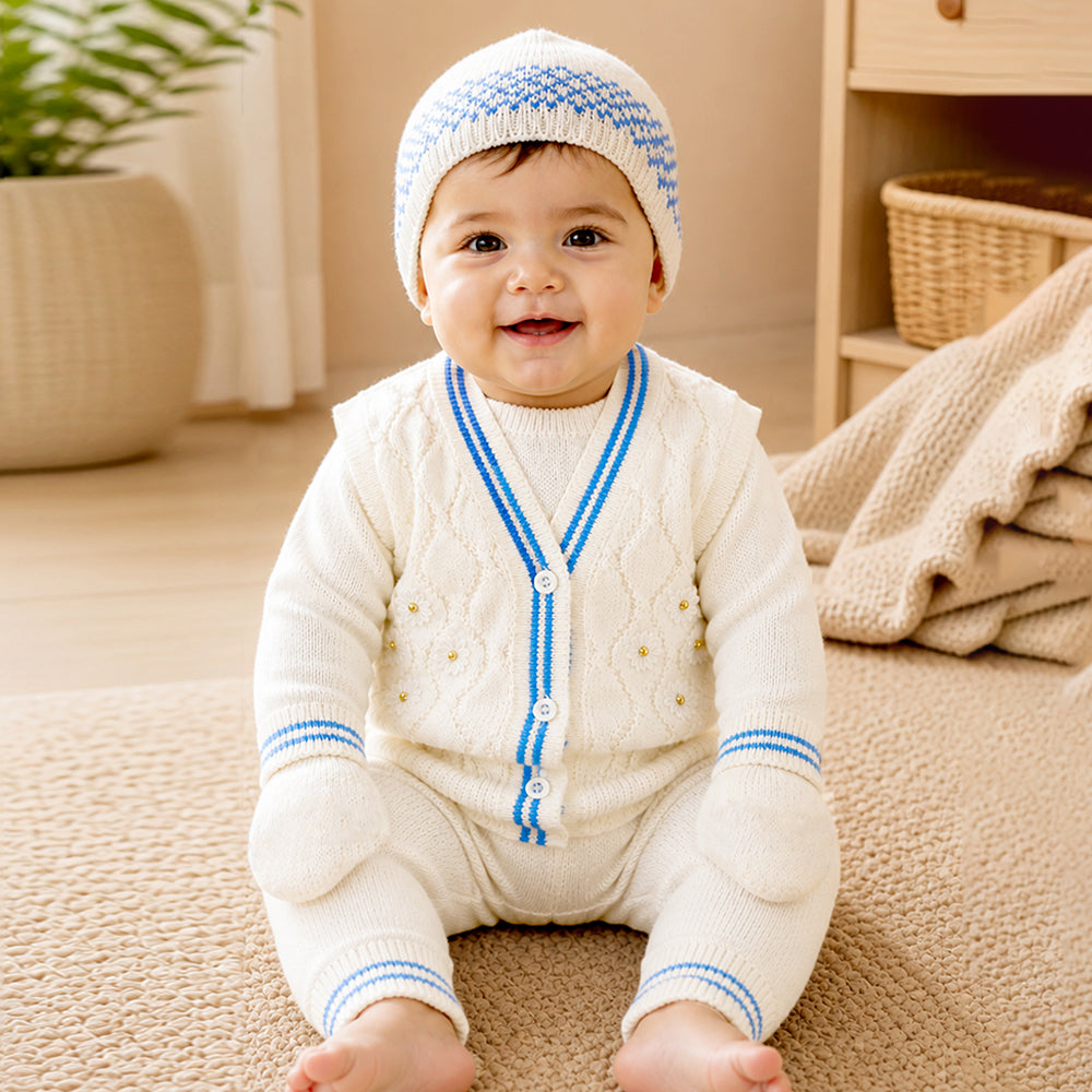6-Piece Flower Blue & Ivory Premium Knitted Winter Head-to-Toe Clothing Set for Baby