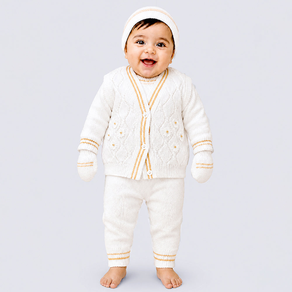 6-Piece Flower Brown & Ivory Premium Knitted Winter Head-to-Toe Clothing Set for Baby