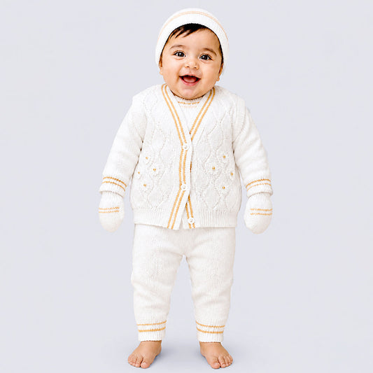 6-Piece Flower Brown & Ivory Premium Knitted Winter Head-to-Toe Clothing Set for Baby