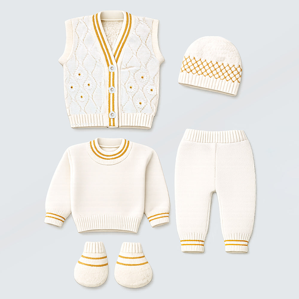 6-Piece Flower Brown & Ivory Premium Knitted Winter Head-to-Toe Clothing Set for Baby