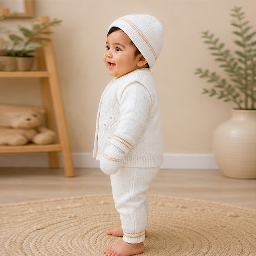 6-Piece Flower Brown & Ivory Premium Knitted Winter Head-to-Toe Clothing Set for Baby