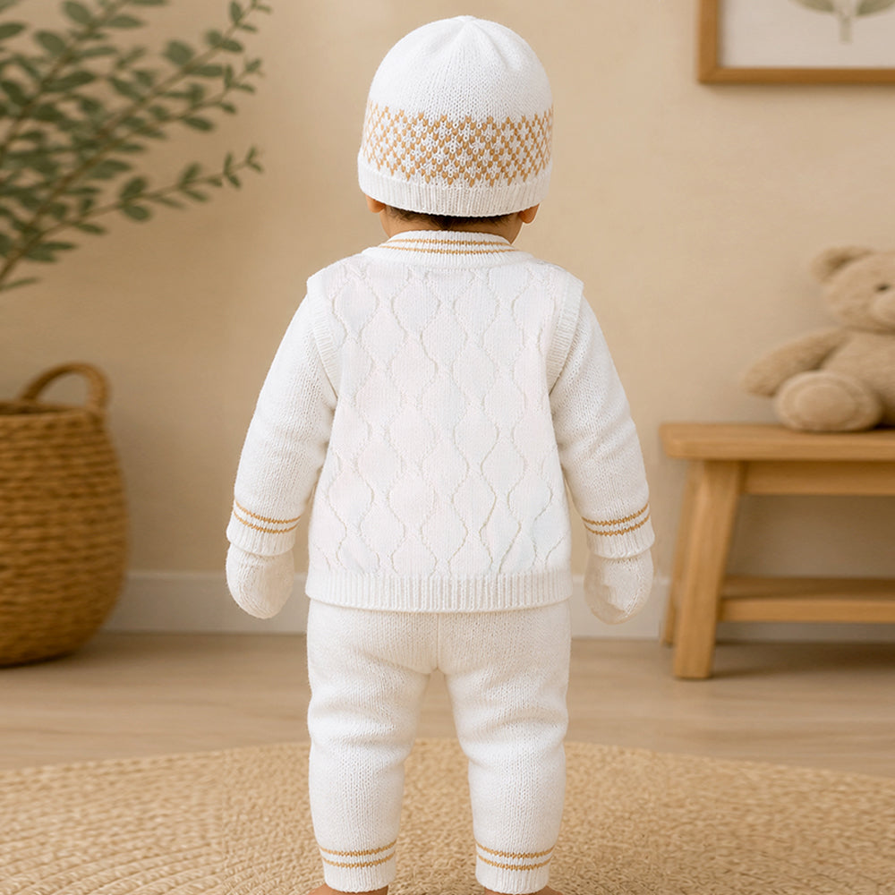 6-Piece Flower Brown & Ivory Premium Knitted Winter Head-to-Toe Clothing Set for Baby