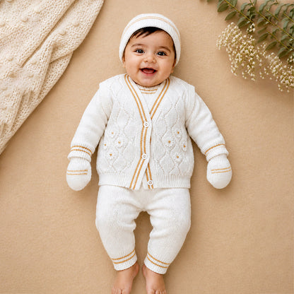 6-Piece Flower Brown & Ivory Premium Knitted Winter Head-to-Toe Clothing Set for Baby