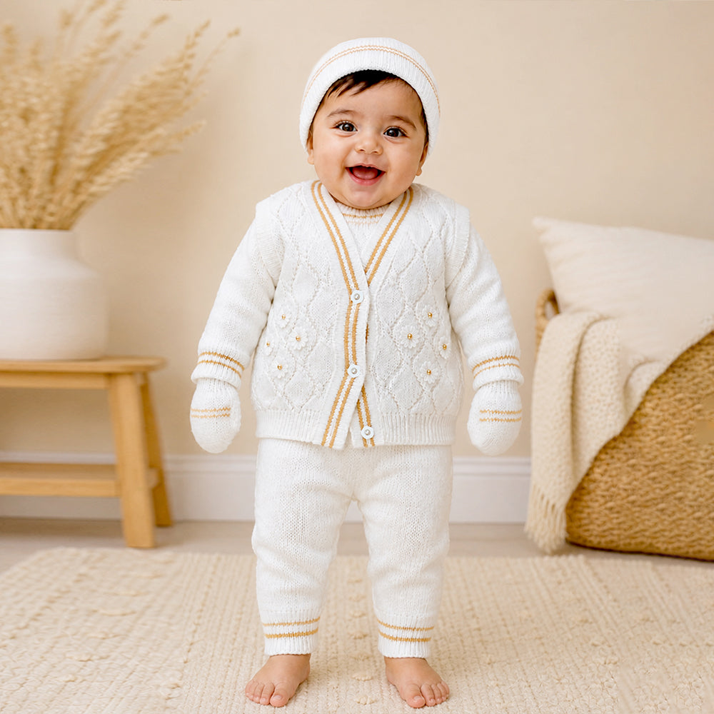 6-Piece Flower Brown & Ivory Premium Knitted Winter Head-to-Toe Clothing Set for Baby